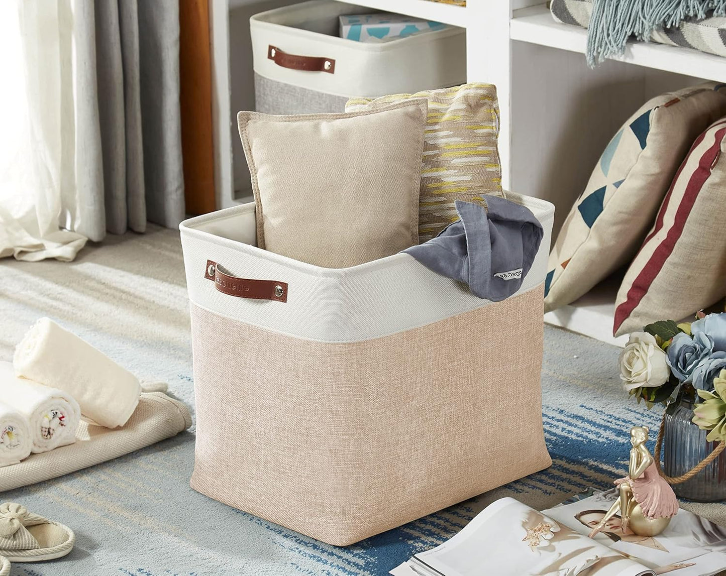 DECOMOMO Extra Large Storage Baskets 54.5L Fabric Storage Bins for Organizing Linen Closet, Toys, Nursery (Beige and White, XXXL - 3 pack)