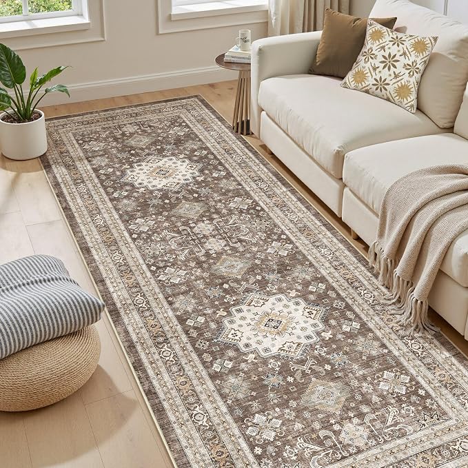 Vintage Hallway Runner Rug 3x8: Large Soft Washable Entryway for Kitchen Laundry Room Non-Slip Backing Runner for Entrance Living Room Bedroom Bathroom - Dark Brown