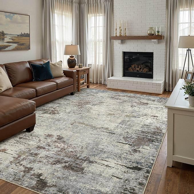 DMOYEST Area Rug Living Room Rugs - 10x12 Washable Large Soft Indoor Neutral Modern Abstract Low Pile Rug Carpet for Bedroom Dining Room Farmhouse Home Office - Brown Rust