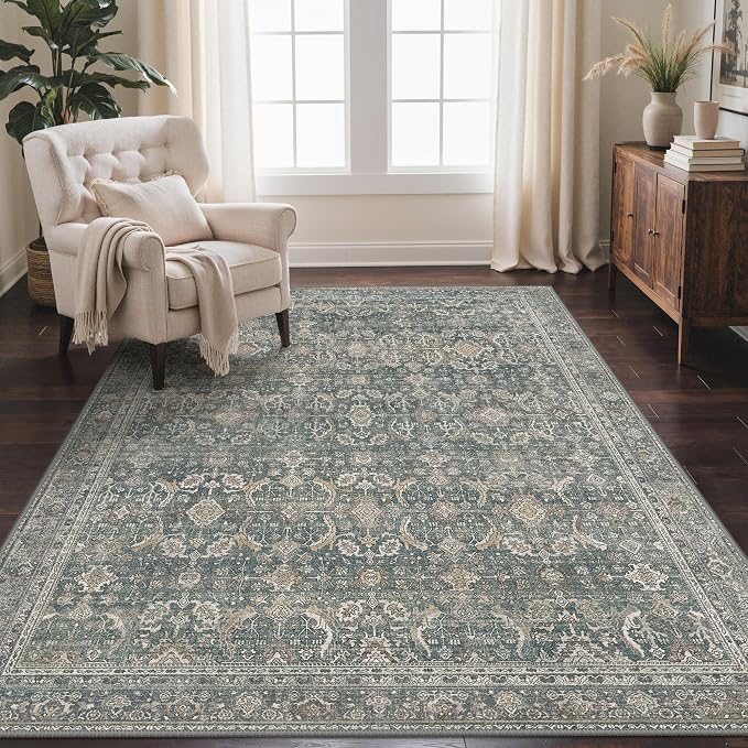 GENIMO 8x10 Area Rugs for Living Room, Machine Washable Non Slip Vintage Rugs, Low Pile Lightweight Chenille Print Rug for Bedroom, Dining Room, Home Office, Deep