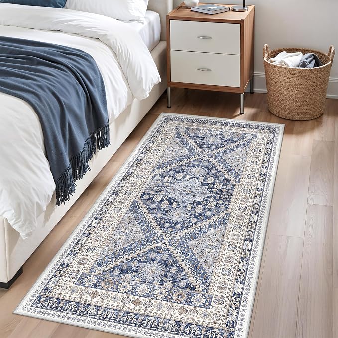 zesthome 2x4 Washable Rug Runner for Bathroom, Soft Entryway Rug for Laundry Room, Kitchen, Vintage Abstract Hallway Runner for Bedroom, Anti-Slip Door Mat Indoor Entrance(Blue/Beige,2'x4')