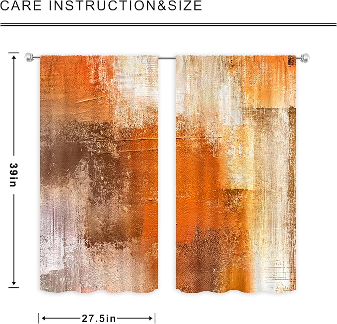 MESHELLY Abstract Burnt Orange Kitchen Curtains,Gray Rust Brown Kitchen Curtains,27.5Wx39H Inch Rod Pocket Watercolor Grey Oil Painting Decor Cool Modern Small Short Window Drapes Treatment 2 Panels