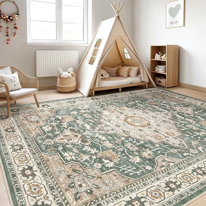 Green Rug Living Room Rugs: 8x10 Washable Boho Large Vintage Soft Stain Resistant Farmhouse Oriental Non Slip Indoor Floor Carpet for Bedroom Nursery Kids Playroom Office Dining Room Home Decor