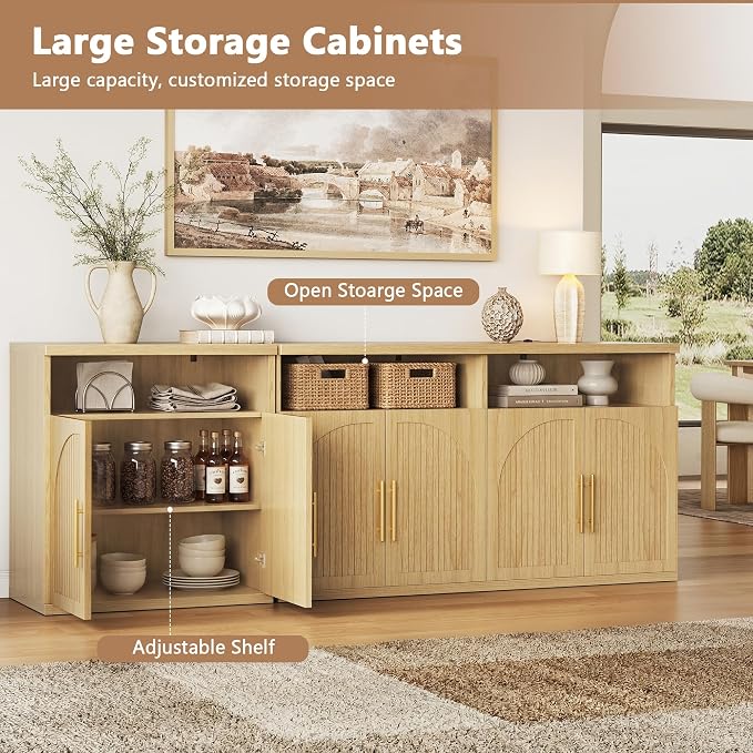 Fluted Buffet Cabinet with Storage, 63" Wide Wood Sideboard Credenza with 4 Doors & Open Storage Shelf, Modern Kitchen Entryway Accent Table for Dining Room Living Room, Kitchen, Hallway, Oak