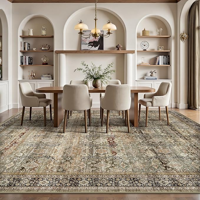 9x12 Area Rugs for Living Room - Washable Vintage Retro Large Rug, Soft Ultra Thin Non Slip Low Pile Traditional Distressed Boho Carpet for Bedroom Dining Room Home Office, Charcoal Olive