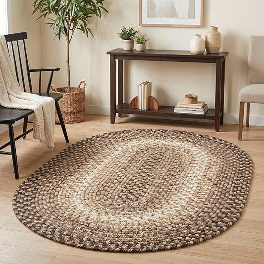Super Area Rugs Braided Rugs 3X5 Farmhouse Kitchen Rug - Ridgewood Braided Rug for Living Room - Reversible - Indoor/Outdoor - Made in USA - Brown Velvet/Beige, 3' X 5' Oval