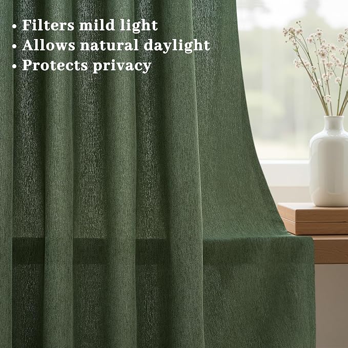 Olive Green Pinch Pleated Linen Curtains 84 Inches Long 2 Panels for Living Room Bedroom Linen Pinch Pleat with Hooks Rings Back Tab Light Filtering Loden Moss Green Farmhouse Drapes 84 Inch Length