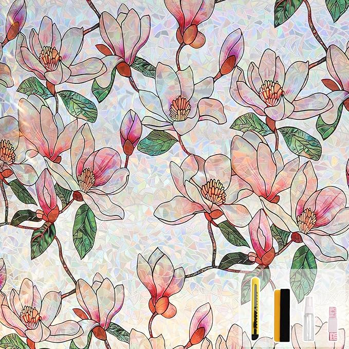 Kromapolis Window Privacy Film, Stained Glass Sticker Floral Window Clings, Decorative Static Clings UV Blocking Colorful Decals, Removable Vinyl Covering Rainbow Magnolia Flowers, 45.2'' x 157.4''