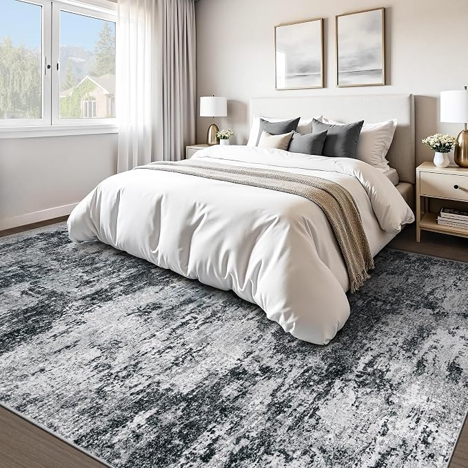 pmtsns Area Rugs 9x12 for Living Room: Washable Rug Modern Abstract Neutral Soft Non-Slip Low-Pile Indoor Large Carpet for Bedroom Dining Room Playroom Home Office (Black Grey, 9'x12')