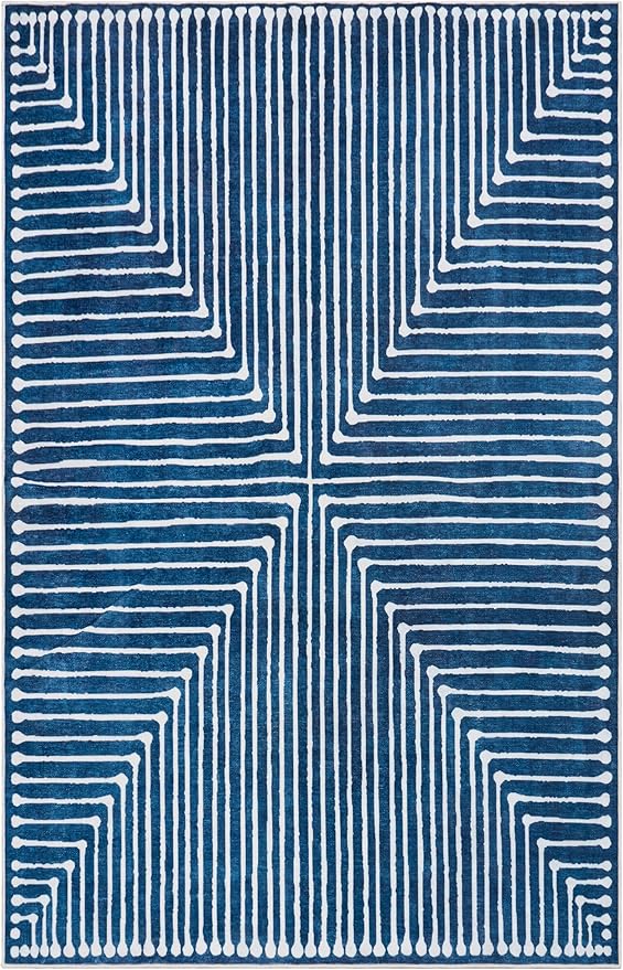 GLN Rugs Contemporary Collection - Machine Washable Area Rug, Contemporary Washable, Non Slip, Low Pile Chenille Rug, Living Room, Bedroom, Kitchen Rug (2' x 3' Lines Blue)