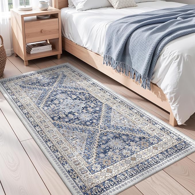 zesthome 3x6 Runner Rug Non Slip, Thin Entryway Washable Rug for Entryway, Runners for Hallways, Low Pile Vintage Abstract Soft Rugs for Living Room, Kitchen, Bedroom(Blue/Beige,3'x6')