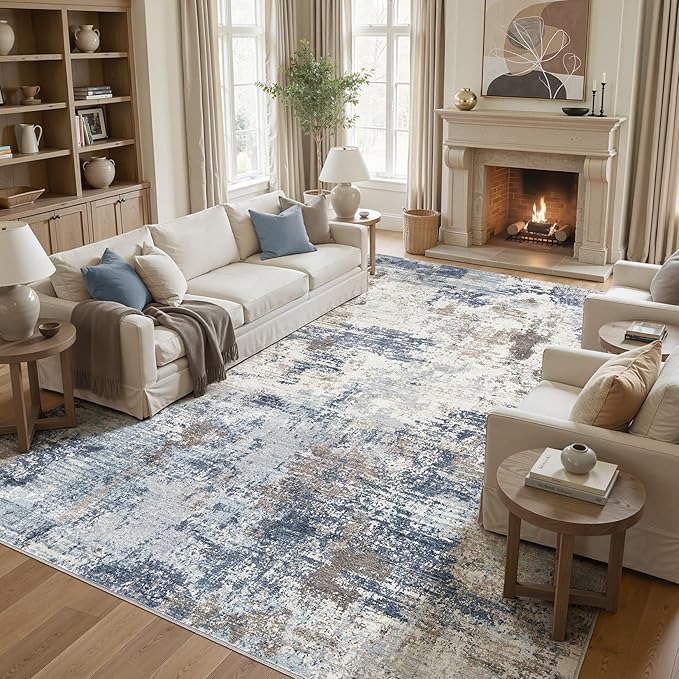 UERMEI 10x14 Area Rug Living Room Rugs - Washable Neutral Modern Abstract Soft Thin Large Rug Indoor Floor No Slip Rug Carpet for Bedroom Under Dining Table Home Office Decor - Denim Blue