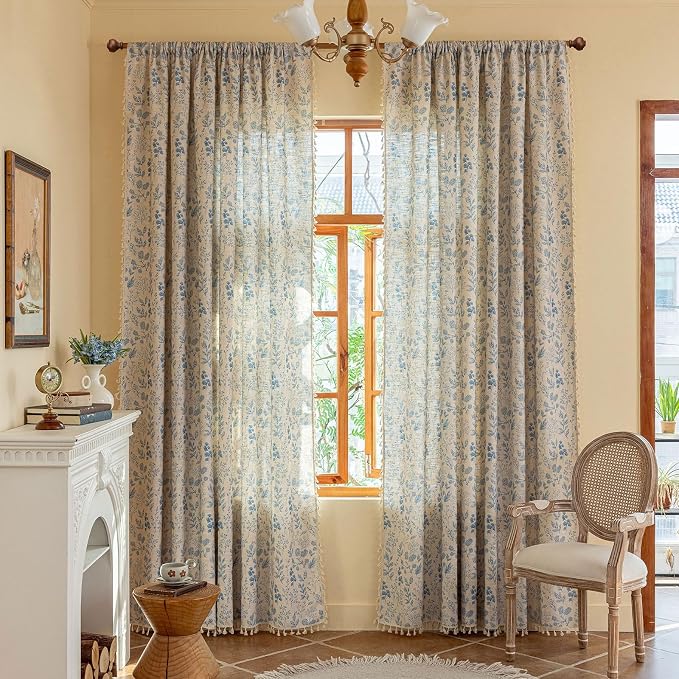 OYX Blue Boho Floral Curtains 96 Inch,Linen Farmhouse Leaf & Flower Drapes with Tassels, Light Filtering Semi Sheer Curtains for Living Room Bedroom, 2 Panels, Rod Pocket, 52Wx96L