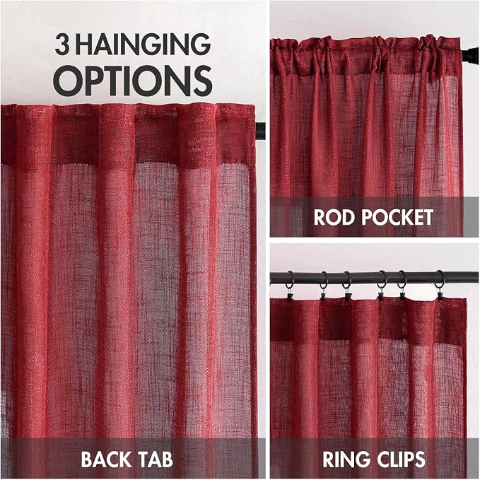 MIULEE Burgundy Red Kitchen Curtains 36 Inch Length 2 Panels, Soft Thick Linen Textured Semi Sheer Light Filtering Short Cafe Tier Curtains for Small Half Window Back Tab Rod Pocket Christmas Decor