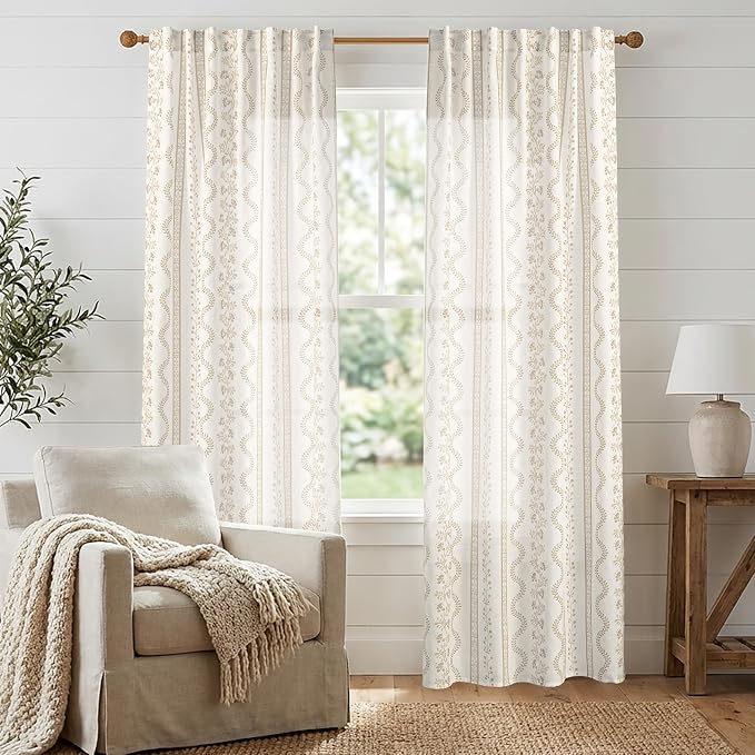 Linen Curtains 96 Inches Long 2 Panel Set,Modern Farmhouse Floral Pattern Taupe Sheer Pleated Light Filtering Curtains for Living Room Dining Room