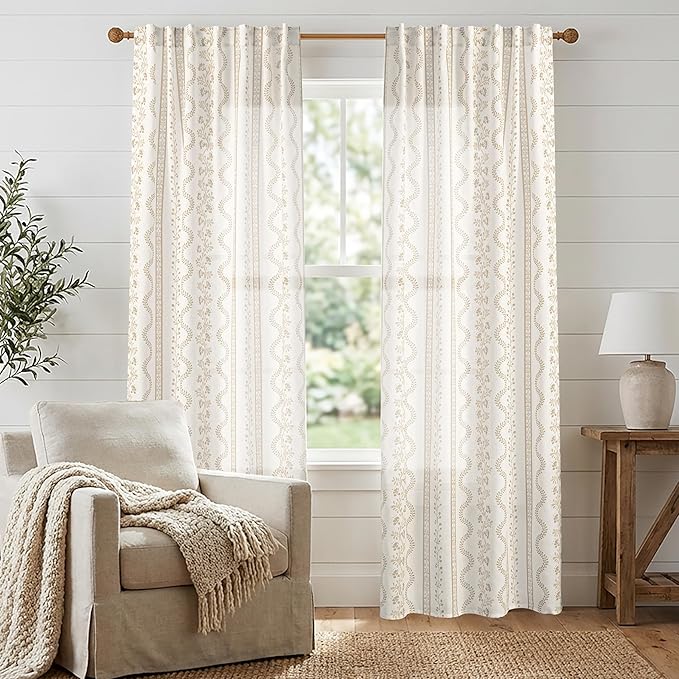 Beige Cream and Taupe Neutral Floral Farmhouse Curtains, Vintage Antique Botanical Pattern Sheer Natural Fabric Linen Drapes for Living Room Bedroom Dining Room 84 Inches Long