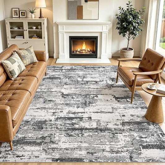 Area Rugs 7x9 Living Room: Washable Large Abstract Modern Neutral Soft Rug Stain Resistant Non-Slip Backing Carpet for Bedroom Dining Room Indoor Nursery Dorm Home Office Decor - Black Grey