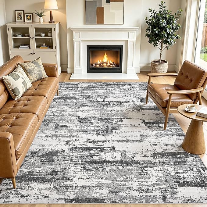 Area Rugs for Living Room: 8x11 Abstract Washable Rug Modern Neutral Large Soft Stain Resistant Non-Slip Backing Machine Table for Bedroom Dining Room Indoor Home Office Carpet - Black Grey