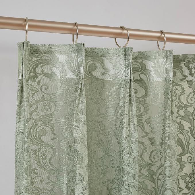 Bujasso Sage Green Lace Pinch Pleat Curtains 84 inch,Vintage Floral Sheer Drapes with Hooks & Rings,Baroque Damask Scalloped Edge Light Filtering Window Panels for Bedroom Living Room, 40" Wx84 Lx2