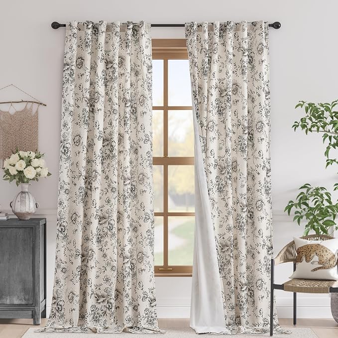 jinchan Blackout Floral Curtains for Living Room Bedroom Linen Blend Curtain Farmhouse Black Printed with Lined Back Tab Rod Pocket Drapes Window Treatments 2 Panels 120 Inch