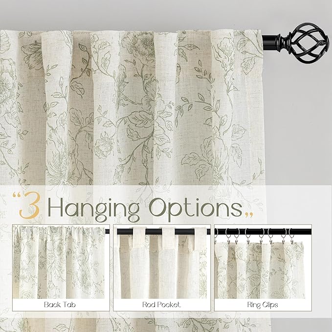 Green Floral Short Curtains 63 inches Long Back Tab Farmhouser Living Room Light Filtering Curtains Green Pattern Print on Cream White Linen Curtain Minimalist Sketch Style Vintage Room Decor