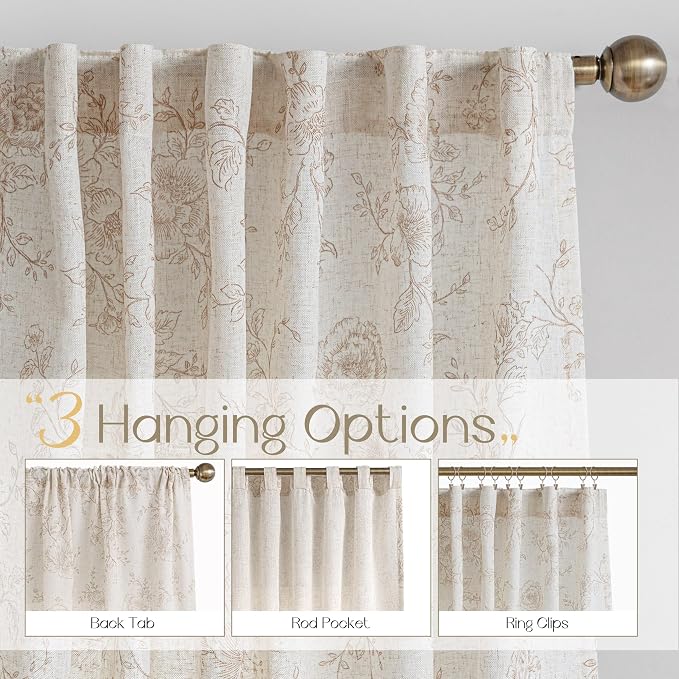 Brown Floral Curtains 63 inch Length Back Tab Farmhouser Living Room Light Filtering Curtains Brown Pattern Print on Cream White Linen Curtain Minimalist Aesthetic Sketch Style Vintage Room Decor