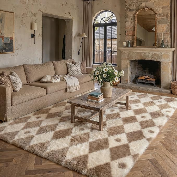 PureCozy Brown 9x12 Area Rug for Living Room Washable Non Slip Neutral Soft Bedroom Checkered Carpet Colorful Fluffy Modern Shag Fuzzy Indoor Large Aesthetic Bedroom Home Office Playroom Nursery