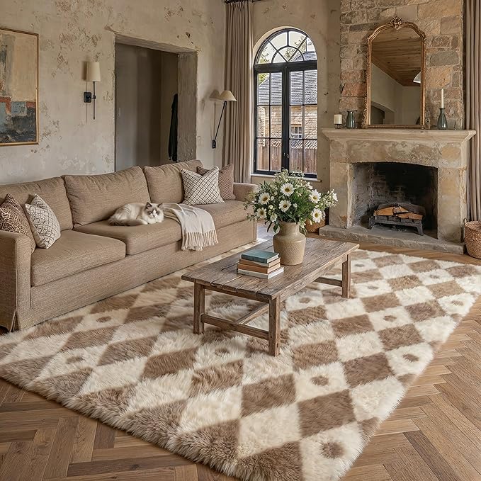 PureCozy Brown 6x9 Area Rug for Living Room Washable Non Slip Neutral Soft Bedroom Checkered Carpet Colorful Fluffy Modern Shag Fuzzy Indoor Large Aesthetic Bedroom Home Office Playroom Nursery