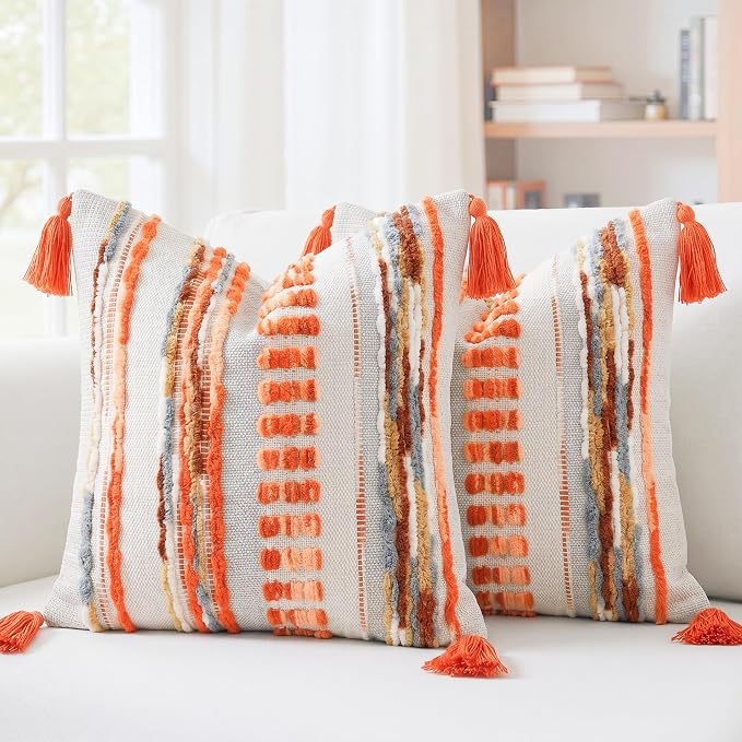 NUYECY Boho Throw Pillow Covers 18x18 Aesthetic Neutral Boucle Couch Pillow Cover Rainbow Striped Decorative Accent Pillow Case for Couch Bed Sofa Farmhouse Bedroom,Modern Funky,Set of 2 Red
