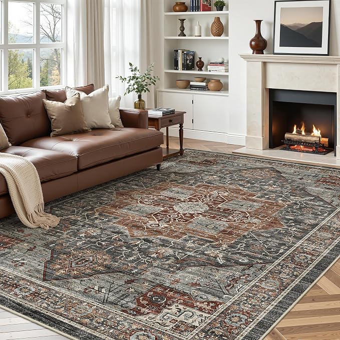 Roxstand 6x9 Rug, Stain Resistant Washable Area Rugs with Anti-Slip Backing, Vintage Large Bedroom, Living Room Rugs, Foldable Soft Rug (Grey/Brown/Tan, 6'x9')