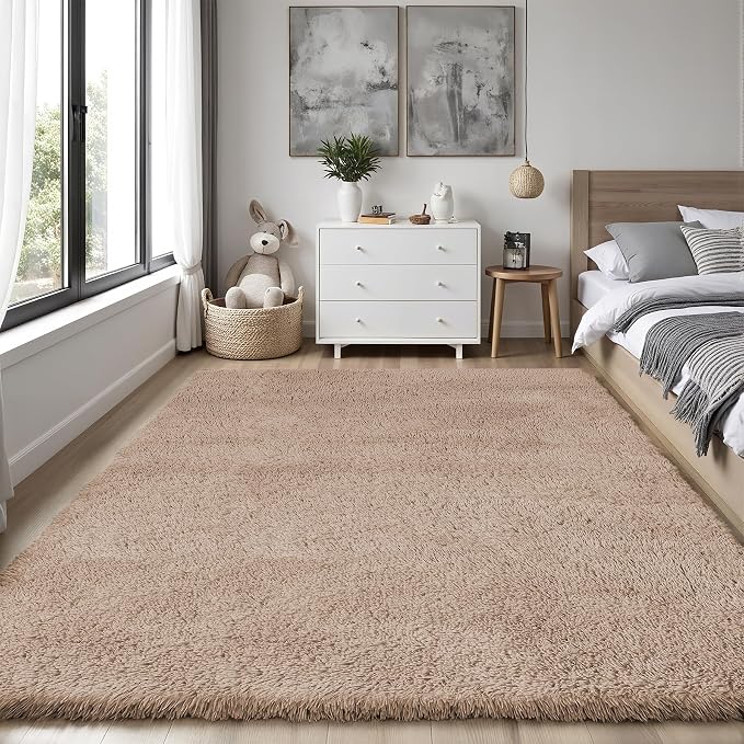 Area Rug for Living Room Bedroom: 6x9 Camel Soft Fluffy Shag Upgrade Non-Slip High Pile Carpet Large Fuzzy Plush Indoor Floor Decor Shaggy Rug for Kid Boys Girls Dorms Playroom Nursery Modern Home