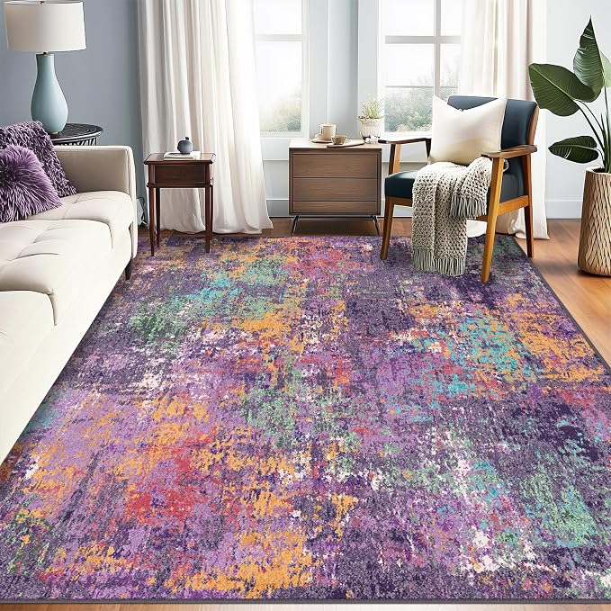 RELEANY Washable Area Rugs 5'x8' Non-Slip Modern Abstract Soft for Living Room Entryway Bedroom Kitchen, Print Pattern, Purple Orange Blue Green Rust Red Colorful