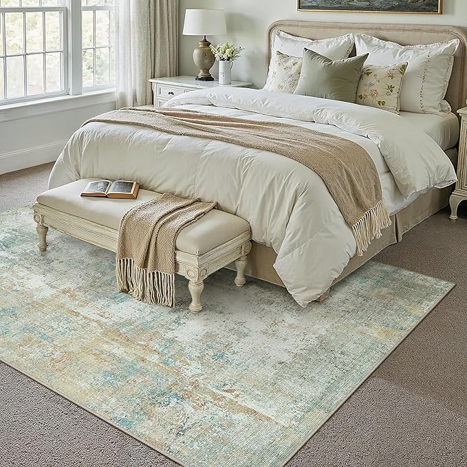 8x10 Washable Area Rug Teal Beige Abstract Non Slip Soft Low Pile Rug for Living Room Bedroom Dining Room Office Neutral Modern Indoor Throw Carpet for Home Decor
