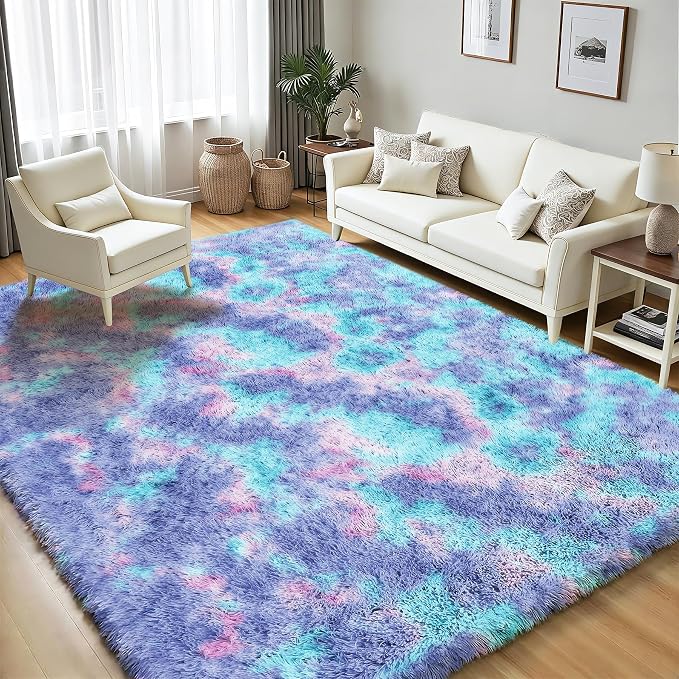 Rainbow Fluffy Rugs for Girls Bedroom: 5x7 Large Shag High Pile Area Rug Upgrade Non-Slip Plush Fuzzy Living Room Rug Shaggy Soft Indoor Floor Carpet Nursery Rugs for Kids Baby Toddler Home Decor
