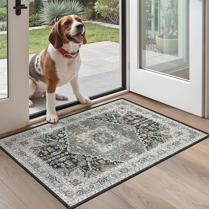 Madane Washable Area Rug 2x3 Small Entryway Rugs, Grey Green/Black Olive | Vintage Stain-Resistant Door Mat Indoor Entrance, Non-Slip Floor Carpet for Inside Front Bedroom Kitchen Entry Laundry, Stair