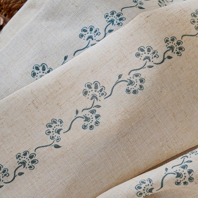 jinchan Katy Linen Floral Kitchen Curtains 36 Inches Length Stripe Cafe Curtains Farmhouse Cottagecore Tier Small Window Drapes for Living Room Light Filtering Rod Pocket 2 Panels Blue on Linen