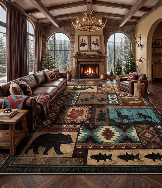 YIHOUSE Rustic Cabin Rugs for Living Room 10x14, Wildlife Bear & Deer Area Rug, Washable Southwestern Lodge Large Area Rug