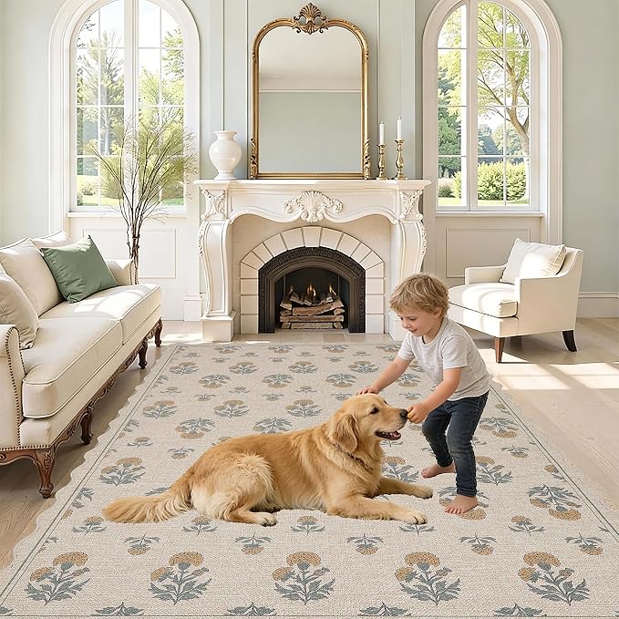 ORTIGIA Scalloped Easy Jute 5x7 Area Rug Vintage Yellow Floral Farmhouse Washable Rug Non-Slip Indoor Outdoor Carpet for Living Room Bedroom Patio Entryway