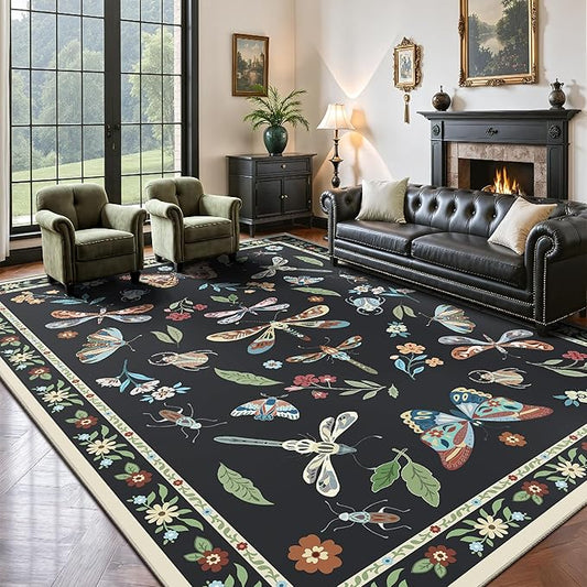 8x10 Area Rugs, Insect Ultra Soft Washable Rug Non Slip with Rubber Back, Stain Resistant Rugs for Living Room, Bedroom, Dining Room(Dark Black Butterfly)