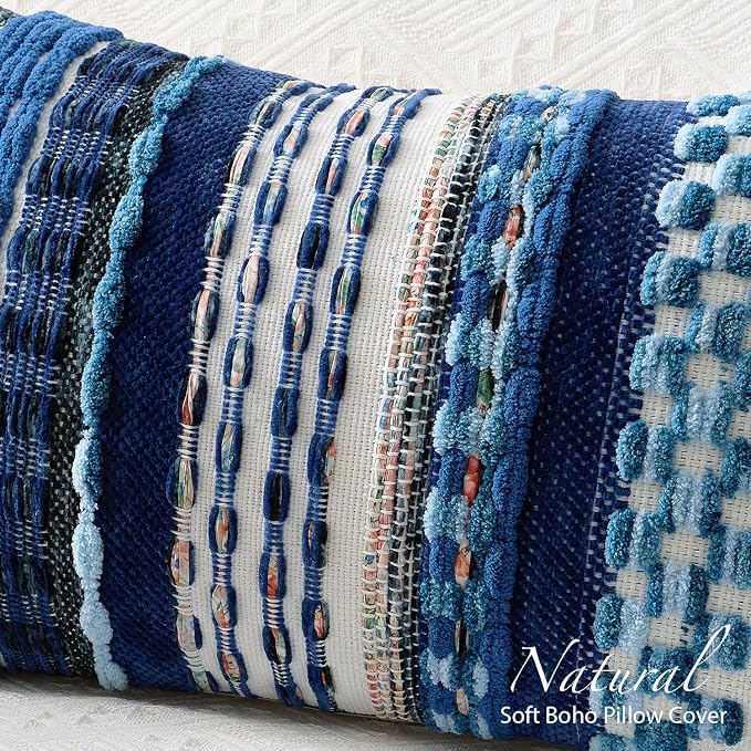 Kevin Textile 14x36 Inch Long Lumbar Pillow Cover 1 Pack Boho Decorative Rectangle Cushion Case Throw Soft Chenille Thread Woven Tufted Textured Farmhouse Accent for Living Room Couch Sofa Bed, Blue