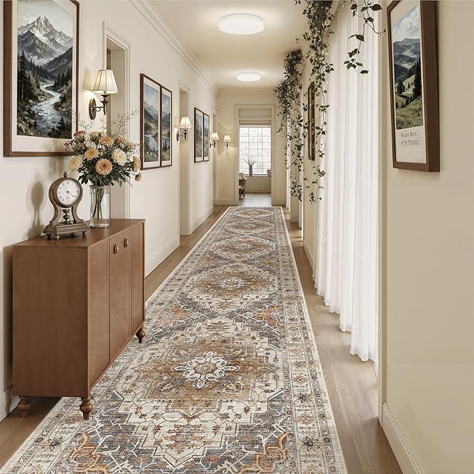 Madane Hallway Runner Rug 3x18 Washable Kitchen Runners 18ft, Turmeric/Grey | Vintage Non Slip Extra Long Area Rugs for Hallways, Soft Low-Pile Farmhouse Wide Floor Carpet for Entryway Bathroom Bedroom