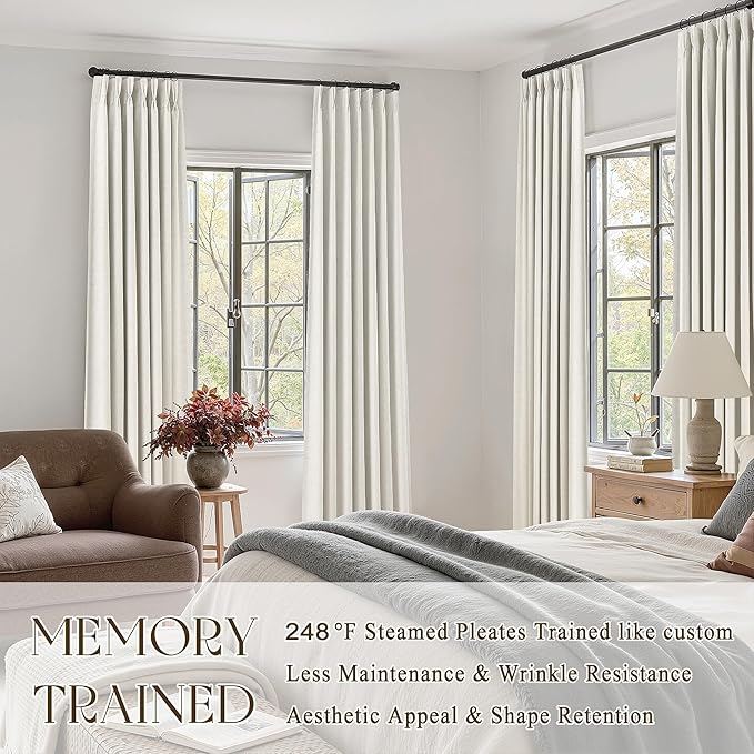 Natural Pinch Pleated Linen Blackout Curtains 84 Inch Length for Bedroom Living Room 2 Panels, Darkening Thermal Insulated Cream Beige Birch Neutral Pinch Pleat Back Tab Track System Drapes