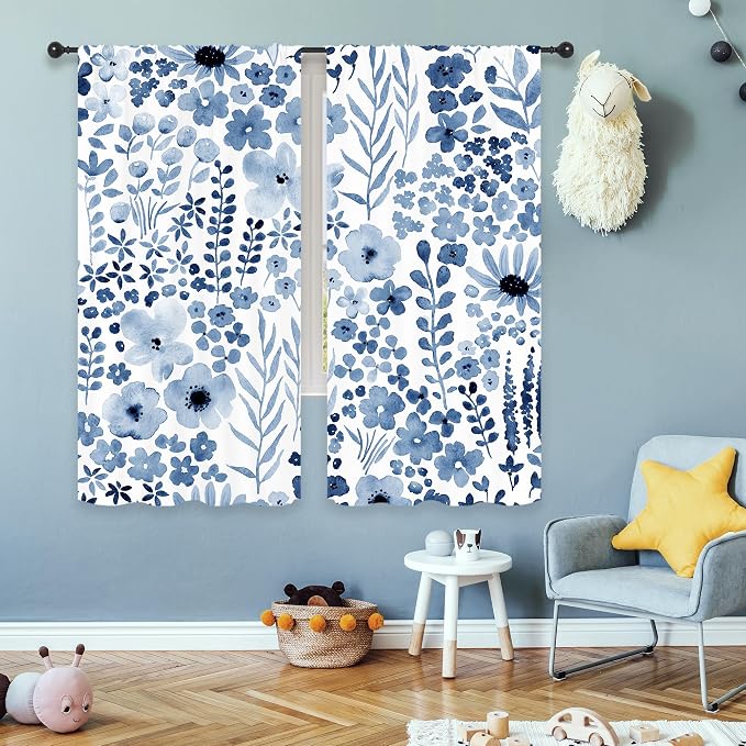 Riyidecor Navy Blue Floral Curtains Wildflower Watercolor Flower Rustic Leaves Boho Cute Botanical Plant Spring Nature Rod Pocket Modern Bedroom Living Room Treatment Fabric 2 Panels 42Wx63H Inch