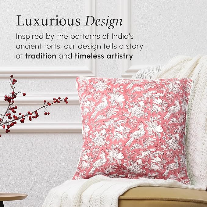 CPC 100% Cotton Throw Pillow Covers 24x24 Inch, Set of 2 Red Block Print Pattern Couch Pillow, Cute Boho Decorative Pillows for Living Room, Bedroom with Hidden Zipper- Pink Coral