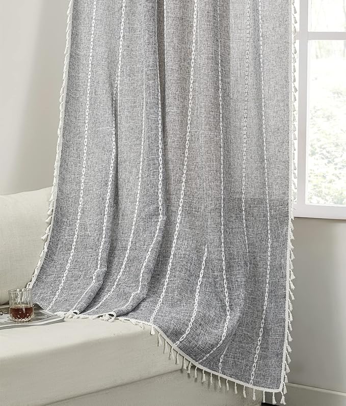 RoomTalks Charcoal Country Farmhouse Curtains for Bedroom Living Room 63'' Length Light Filtering Boho Chic Cabin Rustic Dark Gray Textured Window Curtain Panels with Tassels Bohemian Draperies
