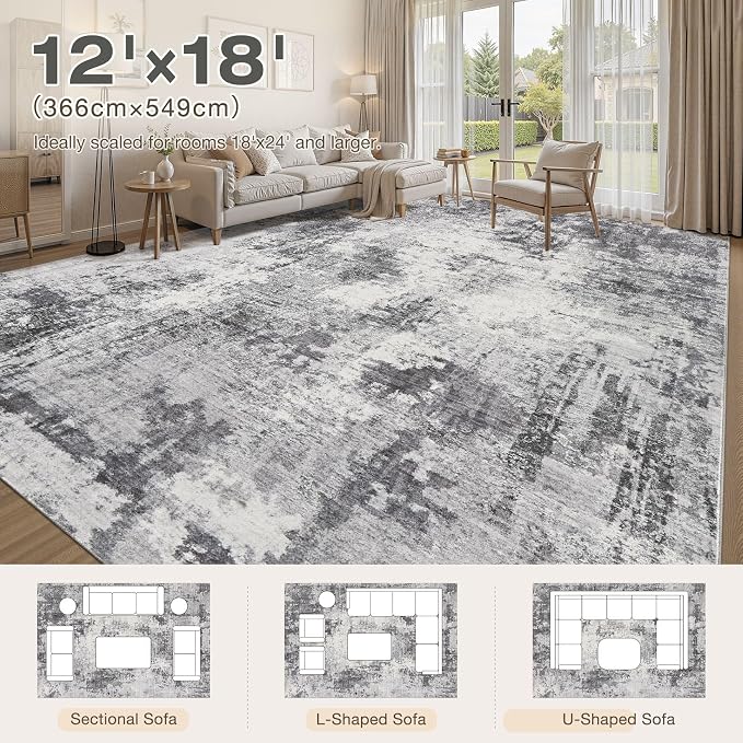 Abstract 12x18 Area Rug: Machine Washable Non Slip Ultra Thin Low-Pile Carpet, Soft Stain Resistant for Living Room Bedroom Office, Kid Pet Friendly, Robot Vacuum Compatible - Grey