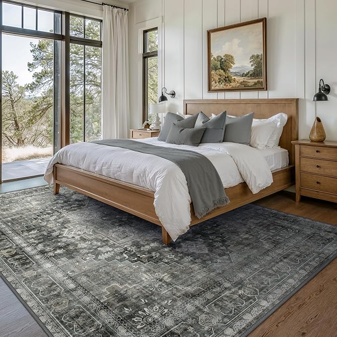 GENIMO 5x7 Area Rugs for Living Room, Machine Washable Non Slip Vintage Rugs, Low Pile Lightweight Print Rug for Bedroom, Dining Room, Home Office,Charcoal Gray