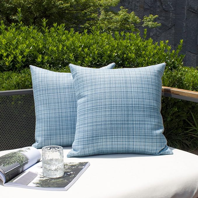 Kevin Textile Pack of 2 Decorative Outdoor Waterproof Pillow Covers Garden Cushion Sham Throw Pillowcase Shell for Patio Tent Couch 24x24 Inch Light Blue
