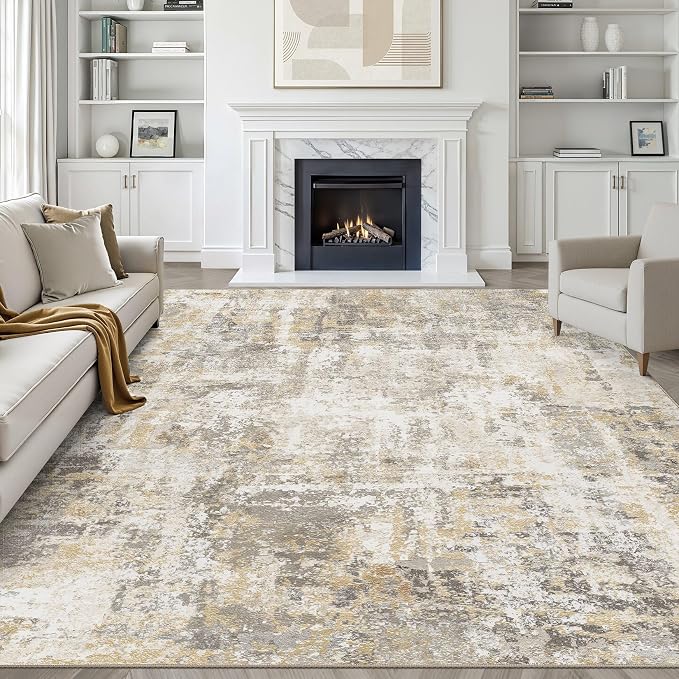 9x12 Area Rug Living Room: Washable Large Neutral Gray Gold Rugs Abstract Soft Modern Stain Resistant Indoor Floor Non-Slip Carpet for Bedroom Nursery Kids Office Playroom Dining Room Under Table Home