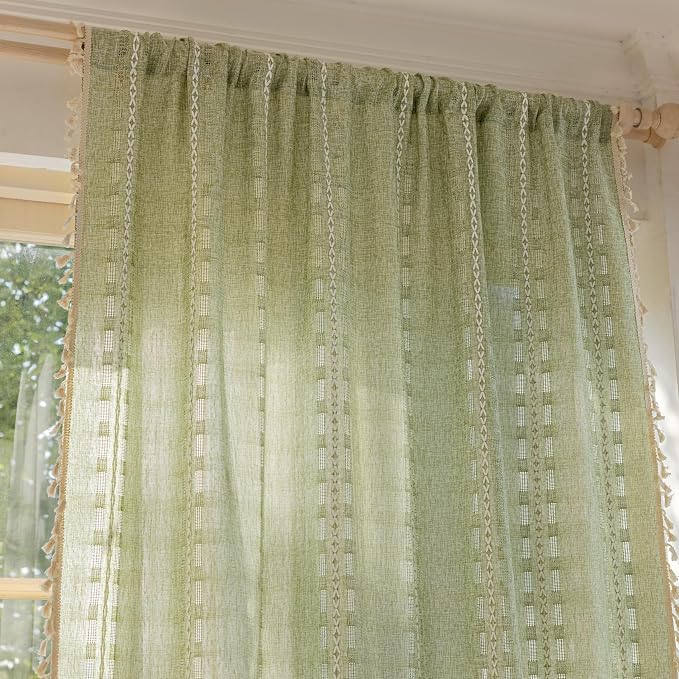 Deeprove Boho Curtain 63 inches Length for Living Room Bedroom Nursery, Retro Casual Bohemian Sheer 63 inches Long Stripe Embroidery Privacy Window Tassel Xmas Decor W52 x L63, 1 Panel Sage Green